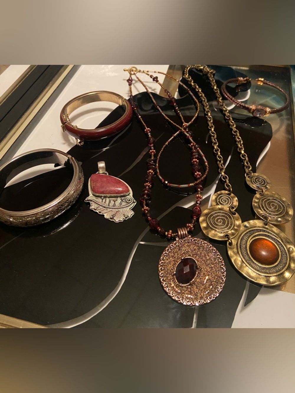 Burgundy Jewelry Estate Lot - 3 Bracelets, 925 Pendant, and 2 Necklaces #112